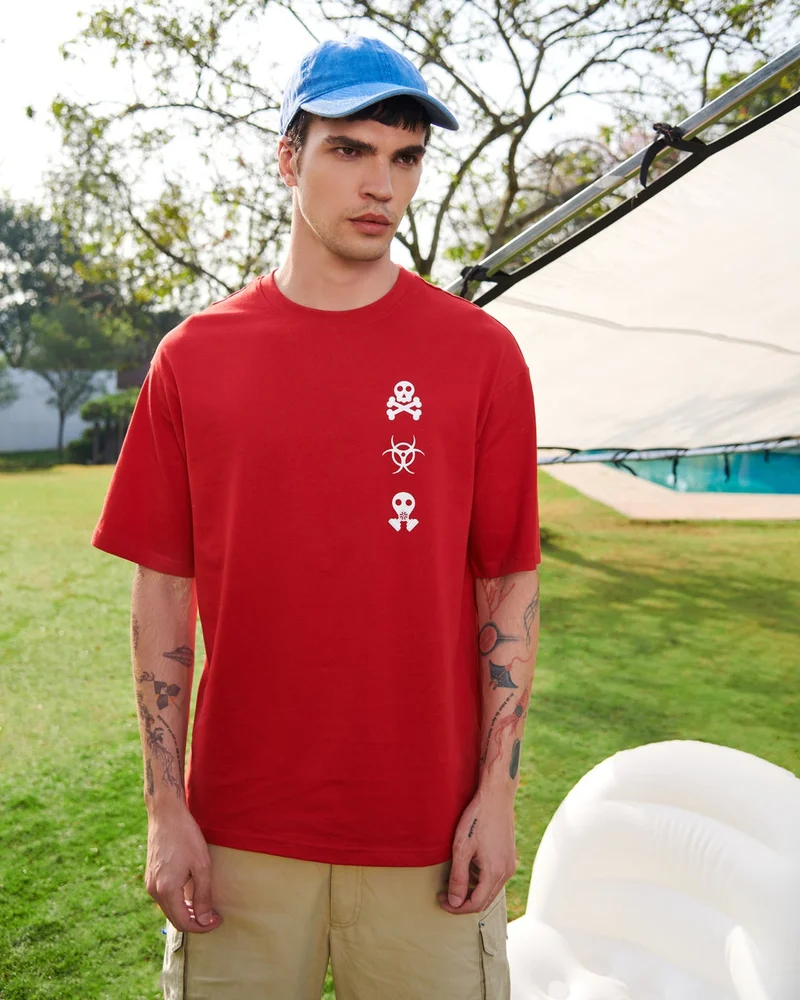 bewakoof Men's Red Toxic Typography Oversized T-shirt